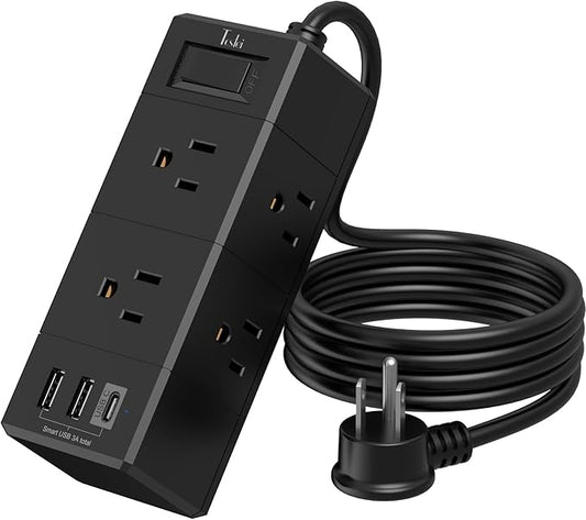 5Ft Extension Cord Flat Plug Power Strip - Tcstei 3-Side Outlet Extender with 6 AC Outlets and 3 USB Ports (1 USB C), Compact for Home, Office, Dorm Room Essentials, Black