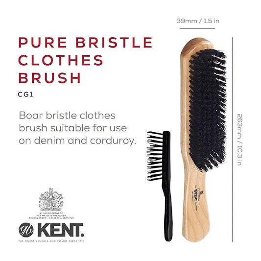 Kent CG1 Clothes Brush Cherrywood 100% Natural Black Bristle and Lint Remover Especially for Jeans or Corduroy Garments for Keeping Fabrics Free from Fibres, Fluff and Pet Hair. Made in England
