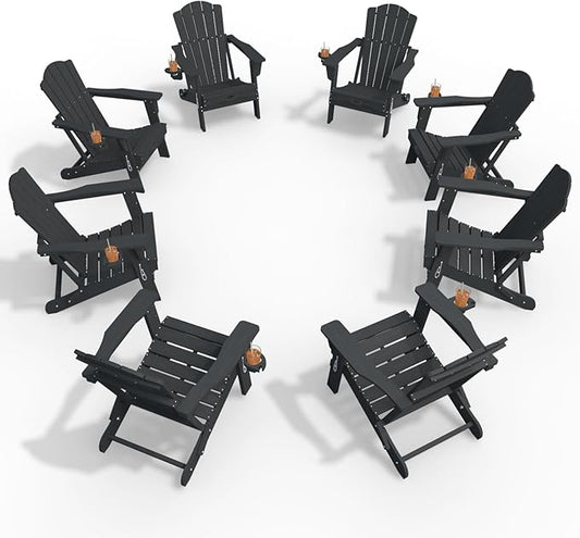 Adirondack Chair Set of 8, Folding All-Weather Outdoor HDPE Patio Chair with Cup Holder, Grey
