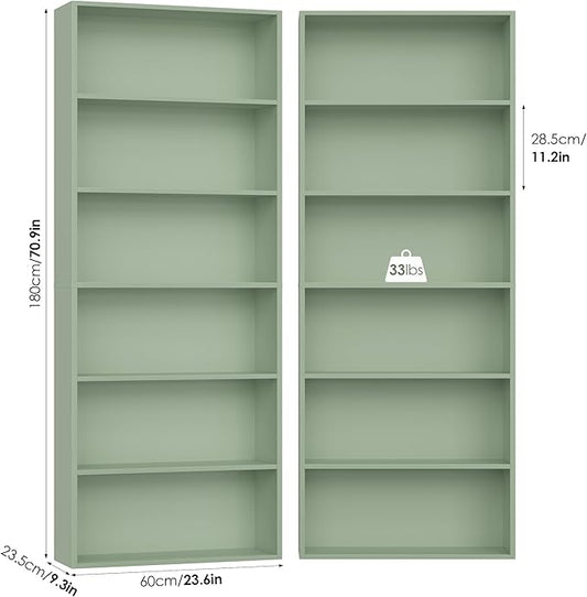 FOTOSOK 6-Tier Open Bookcase and Bookshelf Set of 2, Freestanding Display Storage Shelves Tall Bookcase for Bedroom, Living Room and Office,Green