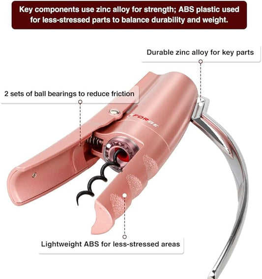 Forge Quality Compact Vertical Lever Corkscrew Wine Opener with Foil Cutter. 3 Seconds to Open a Bottle of Wine. Pink.