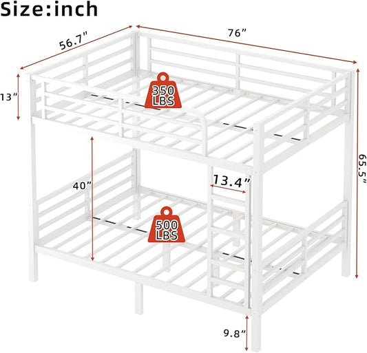 Full Over Full Bunk Bed, Metal Bunk Bed Frame Heavy Duty Bunk Beds Loft Bed Frame with Ladder and Guardrail Metal Slats No Box Spring Required for Adults Teens, White
