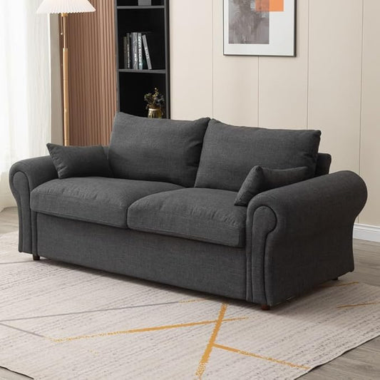 Panana Modern 2 and 3 Seats Loveseat Sofa Couch with Storage, Small Love Seat Couches for Living Room, Bedroom, Apartment, Office (Dark Gray Linen Fabric, Ruched Arm - 3 Seater)