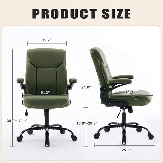 Office Chair, Ergonomic Computer Chair with Flip-up Arms Home Desk Chairs Comfy PU Leather Executive Mid Back Support Adjustable Height Tilt Lock Swivel Rolling Wheels, Green