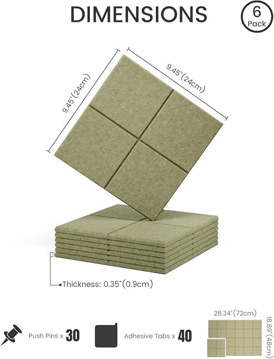 Felt Bulletin Board Tiles -28"x18" Cork Board Alternative for Office Decor, Push Pin Board Wall Organizer 6-Pack-Olive Green
