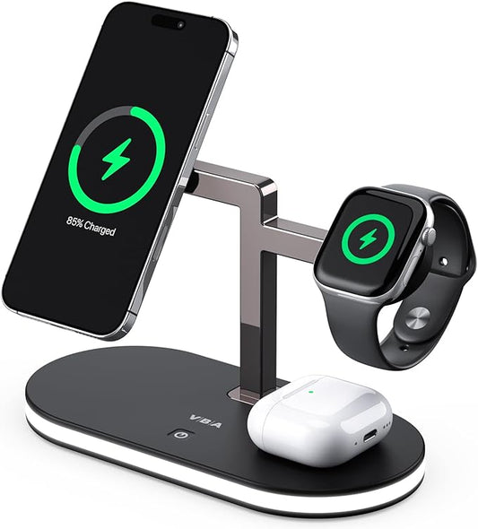 VBA 4 in 1 Wireless Charging Station for Apple MagSafe Charger,Fast Charging Magnetic Wireless Charger Stand with Night Light for iPhone 17 Air 16 15 14 13 12 Series,Apple Watch,AirPods Pro (Black)