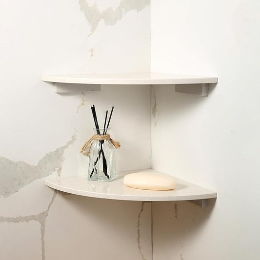 Koville Marble Corner Shower Shelf for Bathroom, 10'' Polished Marble Corner Shelves for Bath, Wall Mounted Stone Corner Shower Caddy, No Drilling Adhesive Shower Shelf - Rigel Yellow (2-Layer)