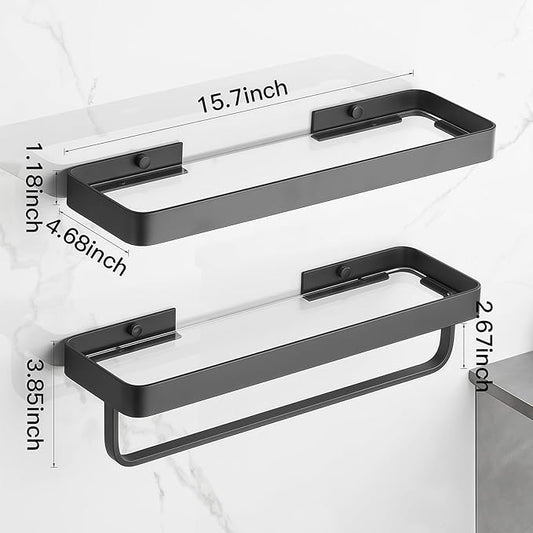2PCS 15.7 Inch Floating Bathroom Shelves with Towel Bar, Clear Tempered Glass Wall Shelf with Hand Towel Holder for Bathroom Storage Organizer, Matte Black