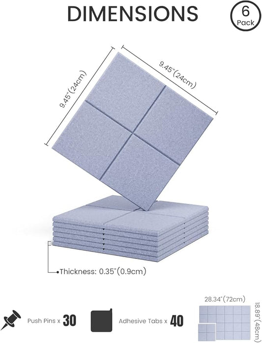 Felt Bulletin Board Tiles -28"x18" Cork Board Alternative for Office Decor, Push Pin Board Wall Organizer 6-Pack-Soft Periwinkle