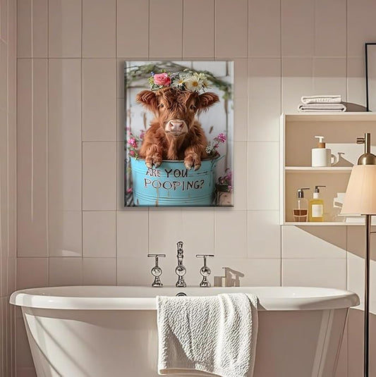 Jatinoo Highland Cow Decor Are You Pooping? Funny Bathroom Wall Art Apartment Or Farmhouse Bathroom Decor Western & Highland Cow Lovers 11.5 x 15 Inches