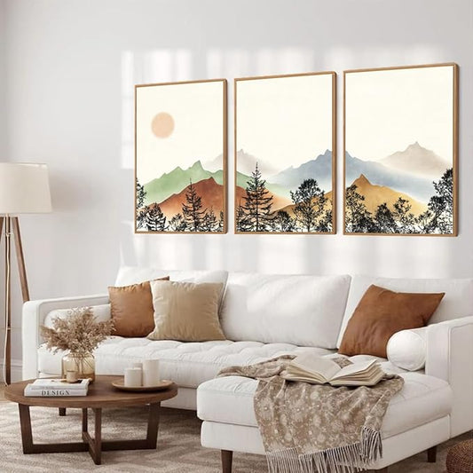 BINCUE Boho Mountain Canvas Wall Art Framed Mountain Wood Wall Decor for Living Room Bedroom Office 3 Panel 16x24 Inches