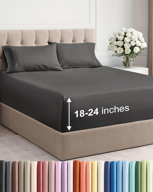 Extra Deep Pocket Full Sheets - 4 Piece Breathable & Cooling Bed Sheets - Hotel Luxury Bed Sheet Set - Soft, Wrinkle Free & Comfy - Easily Fits Extra Deep Mattresses - Deep Pocket Charcoal Sheets Set