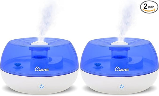 Crane Personal Ultrasonic Cool Mist Humidifier, for Home Bedroom Hotels Travel and Office, 0.2 Gallon, Filter Free, Blue and White (Pack of 2)