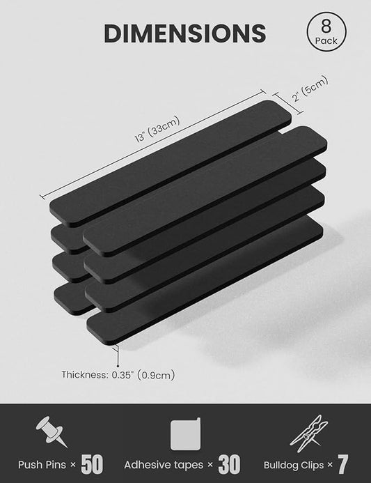 Cork Board Alternative Felt Strip Board 8-Pack 13"x2", Office Pin Board with 50 Push Pins, Adhesive Install for Bedroom Door & Home Office(Black)