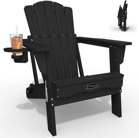 Adirondack Chair, Folding All-Weather Outdoor HDPE Patio Chair with Cup Holder, Black