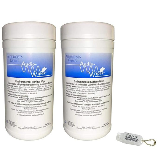 2 Pack Bonus Bundle! Audio-Wipes Hearing Aid Wipes - Large Canister (160 Wipes Per Canister) and Liberty Hearing Aid Battery Keychain