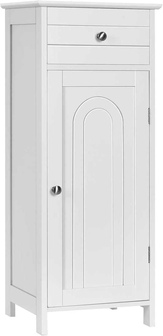 Tangkula Bathroom Floor Cabinet, Wooden Side Storage Organizer, Free-Standing Single Door Floor Storage Cabinet with Large Drawer & 2 Adjustable Shelves for Living Room Kitchen (White)