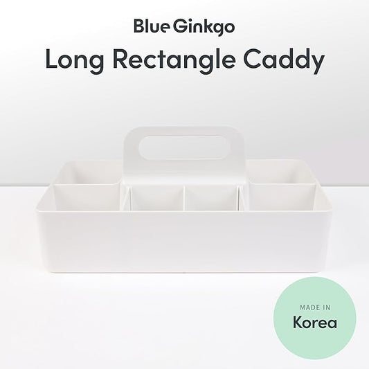 BLUE GINKGO Stackable Organizer Caddy – Korean-Made Portable Tote for Bathroom, Office, Crafts, or School Supplies (Long Rectangle, White)