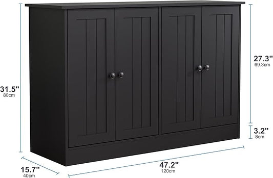 Sideboard Buffet Cabinet with 4 Doors, 47" W Kitchen Storage Cabinet with Storage, Modern Farmhouse Coffee Bar Station Wood Kitchen Table for Living Room Dining Room, Black