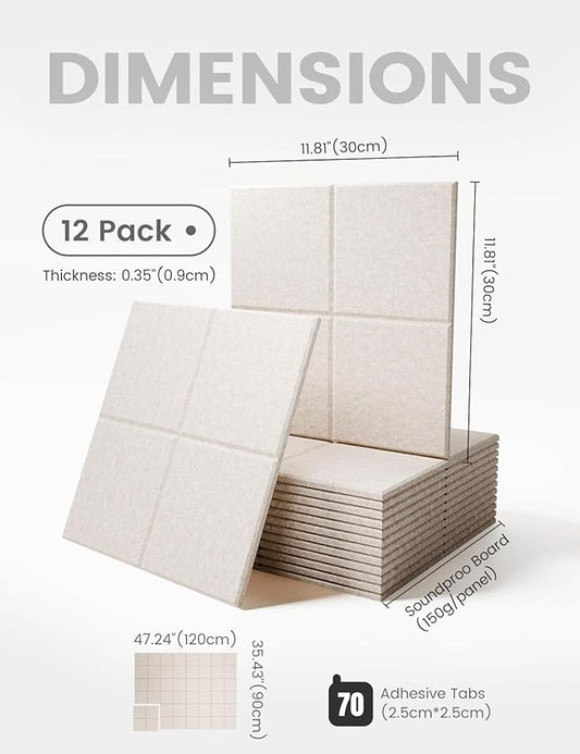 Large Felt Bulletin Board 48" x 36", 12-Pack 4-Compartment Wall Organizer, Cork Board Alternative with 70 Removable Adhesive Tabs, Modular Felt Panels for Home Office, Classroom and Study-Oatmeal