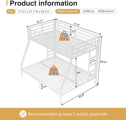 Twin Over Full Bunk Bed, Metal Bunk Bed Frame Heavy Duty Bunk Beds Loft Bed Frame with Ladder and Guardrail Metal Slats No Box Spring Required for Adults Teens, White