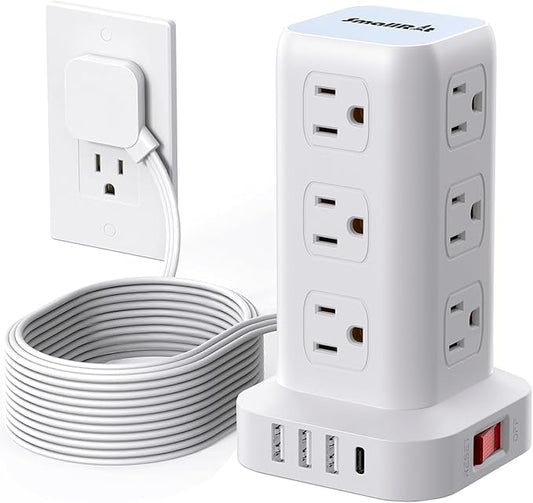 Surge Protector Power Strip Tower with Flat Plug, 10FT Ultra Thin Extension Cord with Multiple Outlets (1 USB-C), 1020J Protection,Desk Charging Station for Office, Dorm Room Essentials