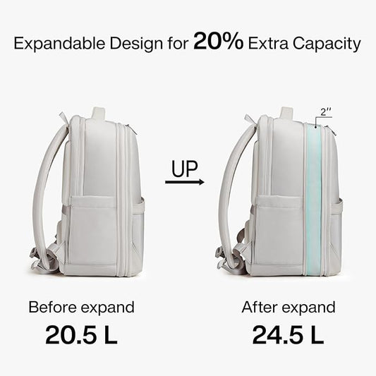 Hanke Expandable Travel Backpack 16 Inch, Full-Open Laptop Backpack Fits 15.6 Inch, Carry On Personal Item Bag with Luggage Strap, Business Work Backpack for Women Men, Greyish White