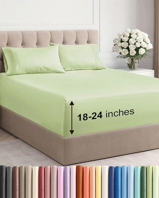 Extra Deep Pocket Queen Sheet Set - 4 Piece Breathable & Cooling Bed Sheets - Hotel Luxury Sheet Set - Soft, Wrinkle Free and Comfy - Fits Extra Deep Mattresses - Deep Pocket Light Sage Green Sheets