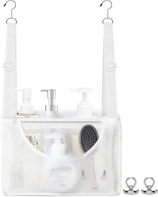 PVC Mesh Hanging Shower Caddy Organizer with 2pc Magnetic Hooks, Portable Adjustable Travel Bathroom Bag with Pockets for RV, Camping, Cruise, Dorm, Gym, White, 12“x5 x7(LxWxH)