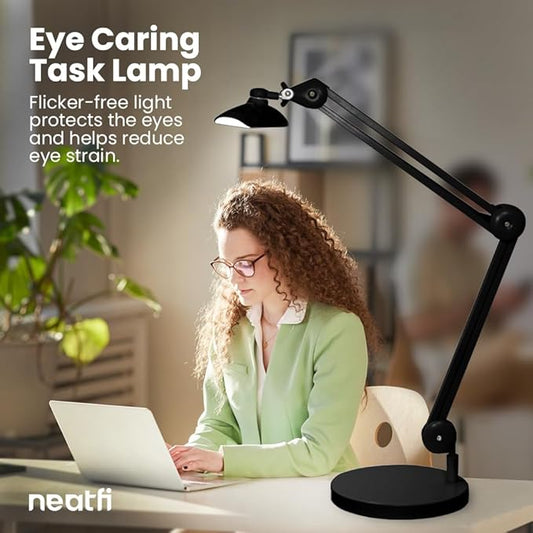 Neatfi XL 2,200 Lumens LED Task Lamp, 24W, 117 Pcs SMD LED, 4 Level Brightness, Dimmable, Desk Light for Home, Office, Workbench (Non-CCT with Base, Black)