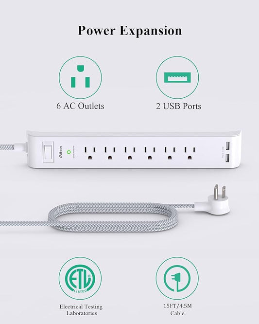 2 Pack Power Strip - 15FT Long Extension Cord, Surge Protector with 6 Outlets and 2 USB Charging Ports, Flat Plug Overload Protection, (1625W/13A/900J), Wall Mount for Home Office and Dorm, ETL Listed