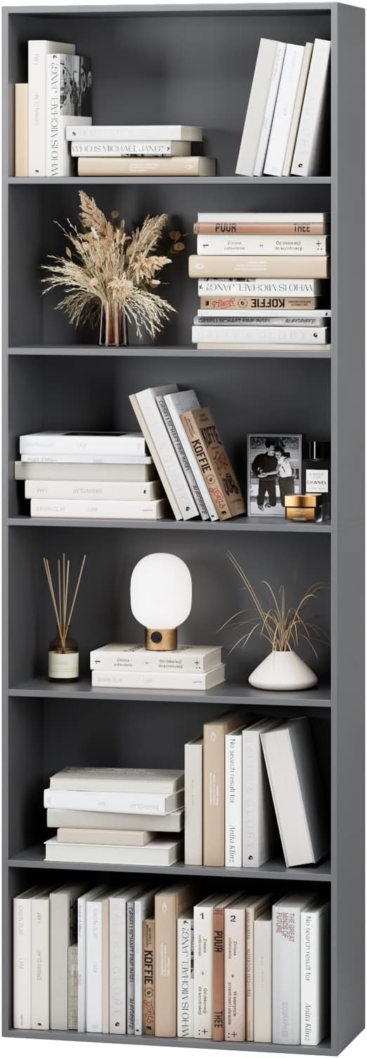 FOTOSOK 6-Tier Open Bookcase and Bookshelf, Freestanding Display Storage Shelves Tall Bookcase for Bedroom, Living Room and Office, Dark Gray
