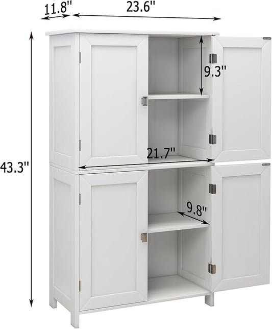 TaoHFE 2 Tier White Bathroom Storage Cabinet,Wood Bathroom Cabinets Freestanding with 4 Door Organizers Storages with Adjustable Shelves, Storage Cabinet for Living Room,Laundry Room,White
