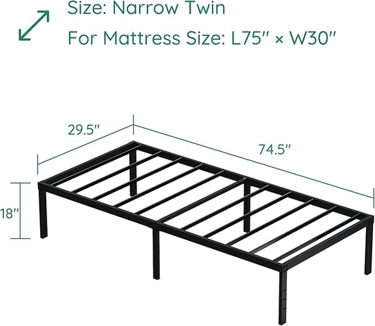 18 Inch Narrow Twin Bed Frames Heavy Duty No Box Spring Needed Metal Platform with Maximum Storage, Easy Assembly, Noise Free, Black