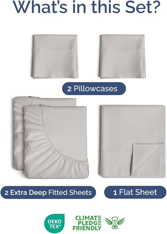 Extra Deep Pocket Split King Sheets - 5 Piece Breathable & Cooling Bed Sheets - Hotel Luxury Bed Sheet Set - Soft, Wrinkle Free & Comfy - Easily Fits Extra Deep Mattresses - Light Grey Sheets Set