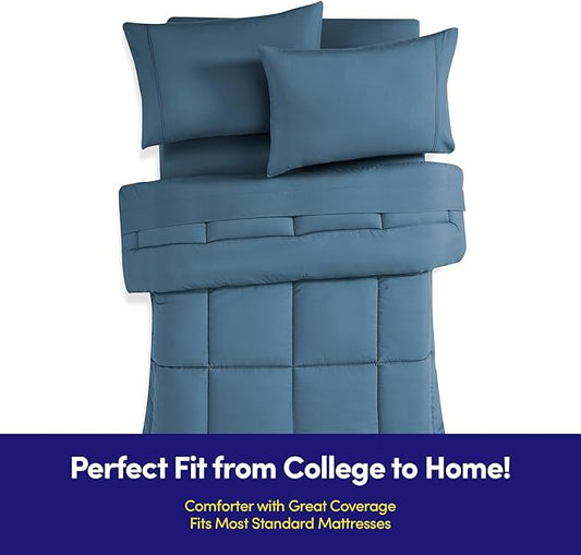 Dorm Room Essentials College Bedding Comforter Set 5 Piece Twin Size Bed in a Bag for College Students Boys and Girls, Twin, Denim Blue