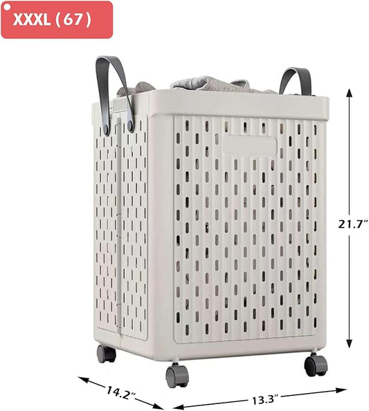 UAK Laundry Basket with Wheels, Collapsible Plastic Laundry Hamper with Handle, Foldable Laundry Basket Organizer for Laundry and Bathroom (Light Grey, XXXL)