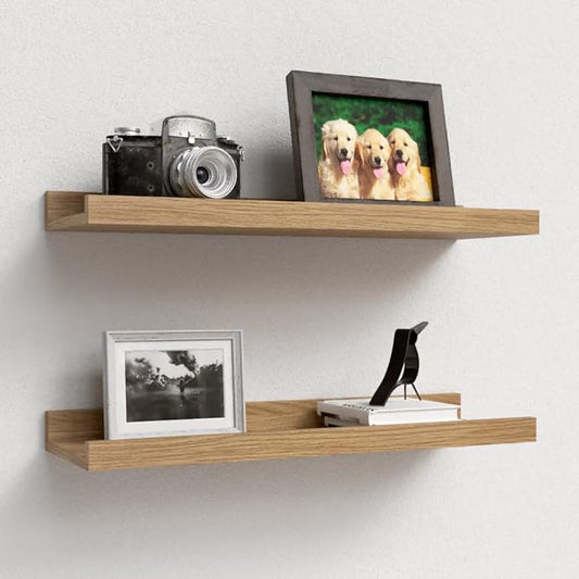 Floating Shelves Set of 2, Modern Wall Shelves with Lip, Display Picture Ledge for Bedroom, Living Room, Bathroom, Kitchen - Oak