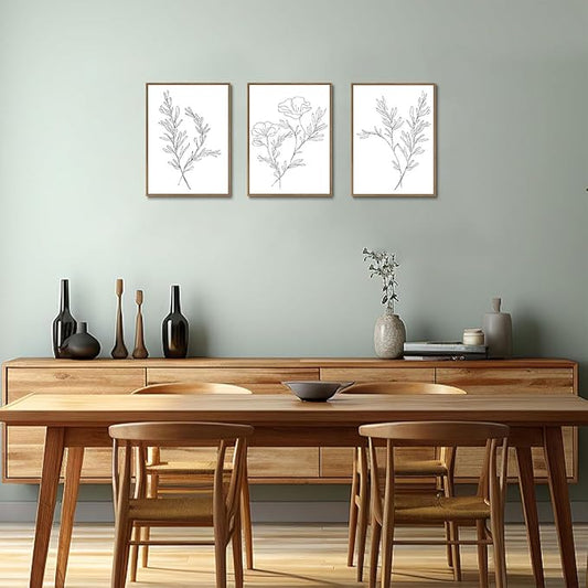 KISSFOX 3 Piece Framed Wall Art Botanical Wall Decor Floral Pictures Wildflower Canvas Art Black White Line Paintings Minimalist Boho Artwork For Bedroom Living Room Bathroom