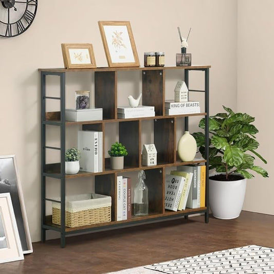 CAPHAUS 10 Cube Storage Organizer, 48” Wide 3 Tier Rustic Oak Industrial Open Shelf Bookcase, Display Shelf, Horizontal Bookshelf with Metal Frame, Wooden Board, for Living Room, Bedroom, Office