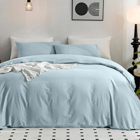 JELLYMONI Cotton Duvet Cover King Size - 100% Washed Cotton Linen Like Textured Comforter Cover, 3 Pieces Breathable Soft Bedding Set with Zipper Closure (Light Blue, 104"x 90")