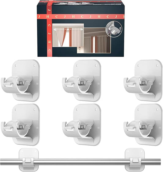 Adhesive Curtain Rods No Drilling Holder,No Drill Curtain Rod Brackets,Renter Friendly Curtain Hooks for Hanging Drapes,Over Blinds for Dorm Apartment Kitchen Bedroom Home Bathroom