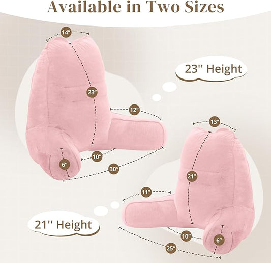 Sasttie Reading Pillow for Bed - 23 Inch, Back Pillow for Bed Sitting Up, Back-Rest Support Cushion with Side Pockets and Arms, Dorm Essentials, Oeko-Tex Certified, Light Pink