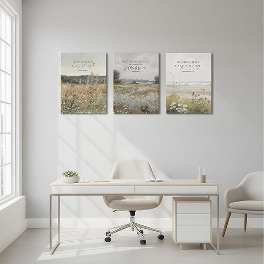 3Pcs Framed Bible Verse Wall Art Christian Floral Landscape Scripture Prints Decor Inspirational Religious Canvas Artwork Farmhouse Botanical Faith Quotes for Living Room Bedroom Church 12"x16"