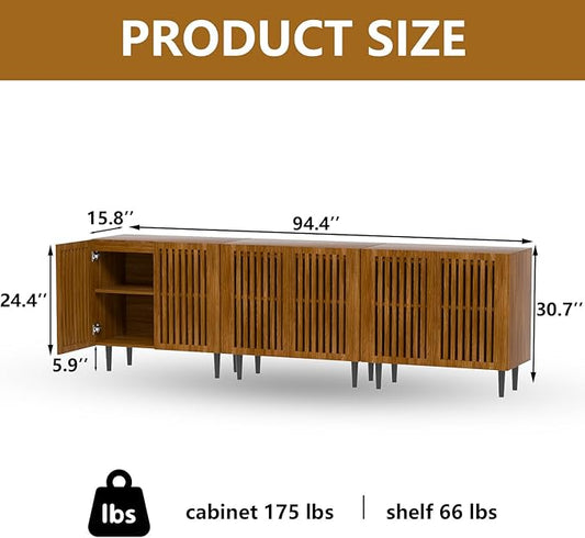 CHUWELL Storage Cabinet Set of 3, 94.5" Buffet Cabinet with 6 Doors and Adjustable Shelf, Sideboard Coffee Bar with Solid Wood Feet for Kitchen,Dining Room,Living Room,Brown
