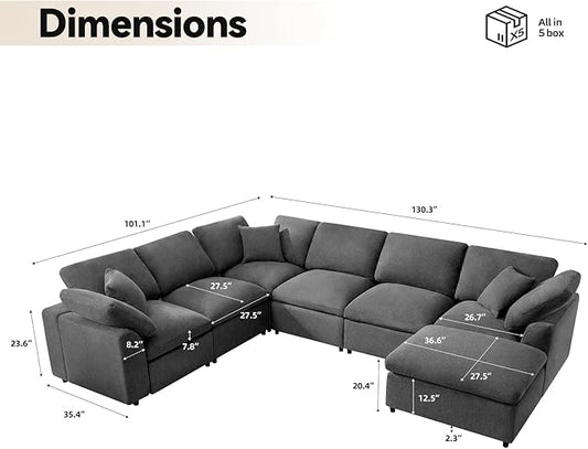 Modular Sectional Sofa Modern Oversized Cloud Couch with Movable Ottoman 7 Seater L-Shaped Sofas Comfy Couches for Living Room Spacious Space Office Lounge, Dark Grey