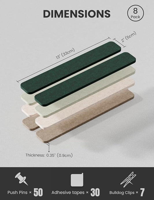 Cork Board Alternative Felt Strip Board 8-Pack 13"x2", Office Pin Board with 50 Push Pins, Adhesive Install for Bedroom Door & Home Office(Nordic Moss)