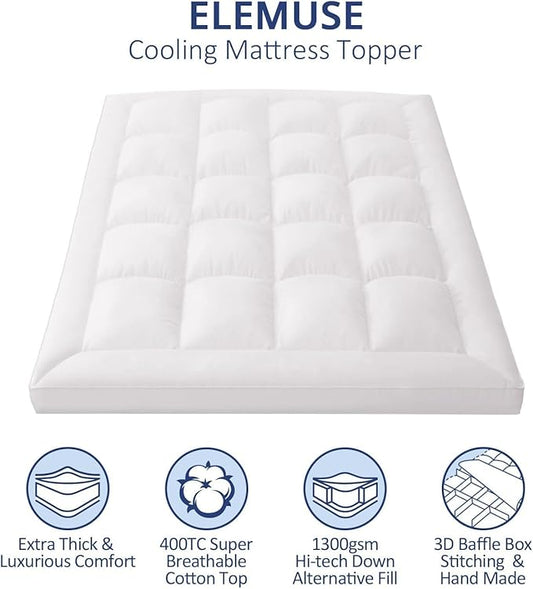 ELEMUSE 1300 GSM Overfilled Mattress Topper Queen with Baffle Box Design,Extra Thick Cooling Pillow Top Pad, 400TC Cotton Cover, Plush & Support Snow Down Alternative, White