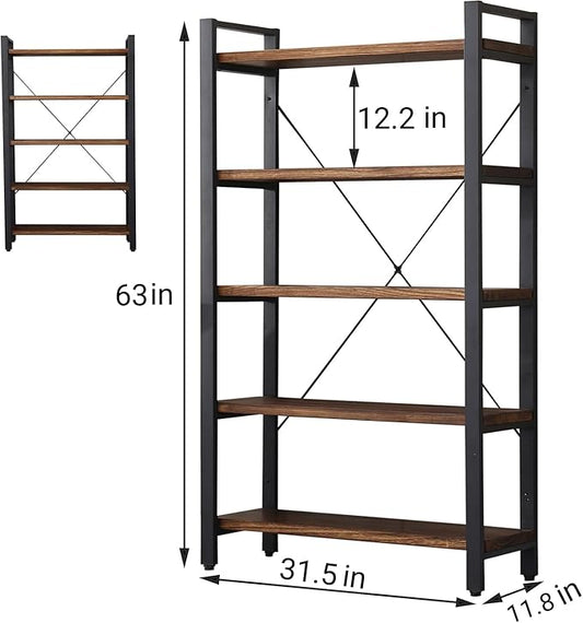5 Tier Bookcase, Solid Wood Bookshelf Rustic Vintage Industrial Etagere Bookcase, Metal and Wood Free Vintage Bookshelf, Retro Brown (5-Tiers)