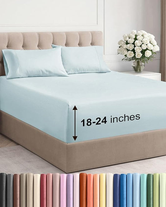 Extra Deep Pocket Queen Sheet Set - 4 Piece Breathable & Cooling Bed Sheets - Hotel Luxury Sheet Set - Soft, Wrinkle Free and Comfy - Easily Fits Extra Deep Mattresses - Deep Pocket Ice Blue Sheets
